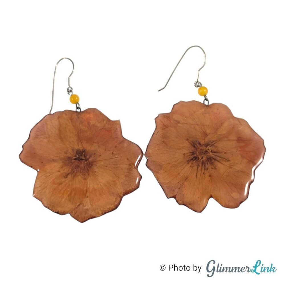 Vintage Pressed Flower Resin Large Dangle Pierced Earrings